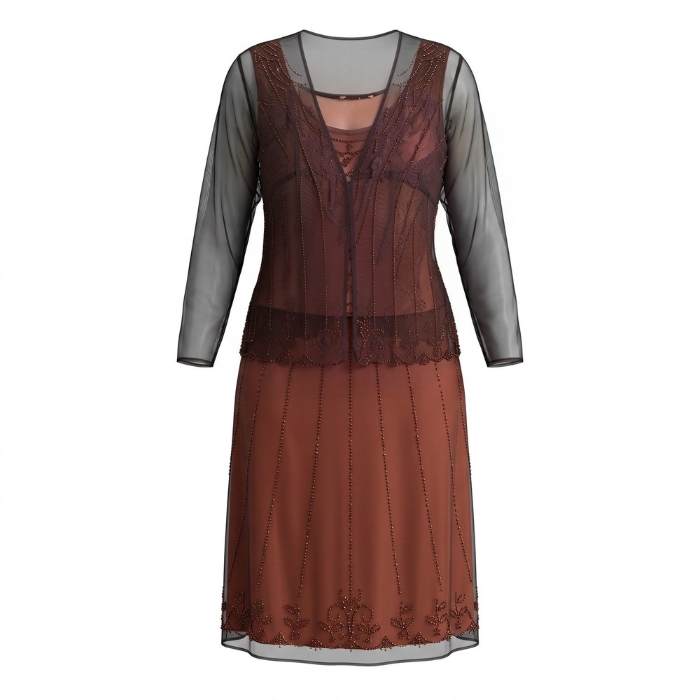 J.R. Nites Woman 3pc Skirt Set Brown Beaded Mesh Vintage Whimsigoth Formal